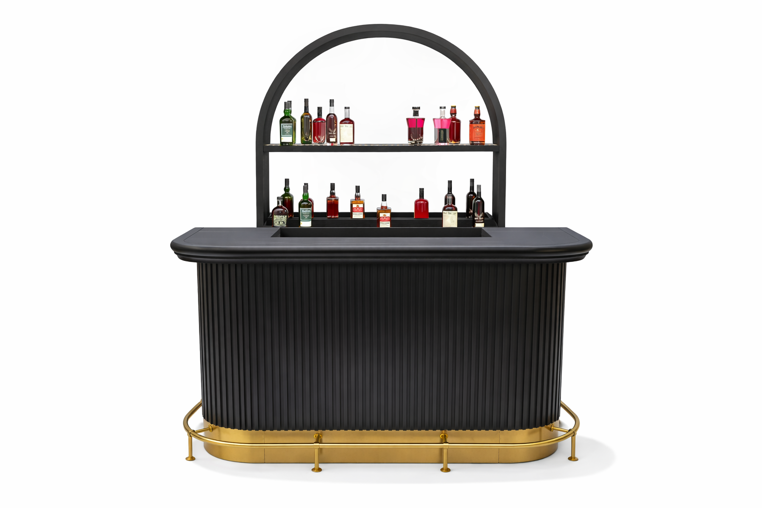 Prohibition Back Bar shown behind the Prohibition 84" Cocktail Bar with optional footrail. Let this party start!