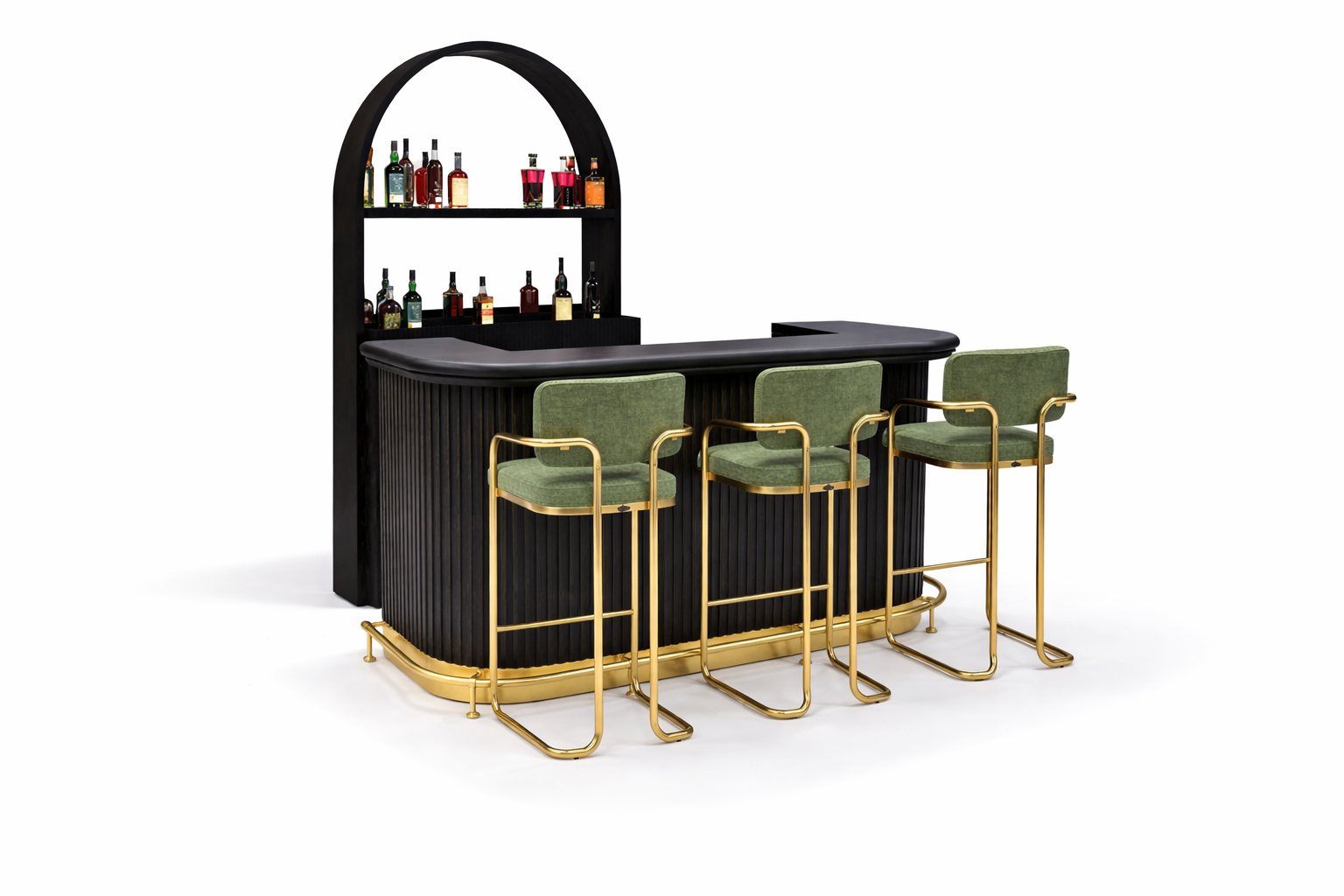 Prohibition Back Bar shown behind the Prohibition 84" Cocktail Bar with optional footrail and Prohibition Barstools in green.