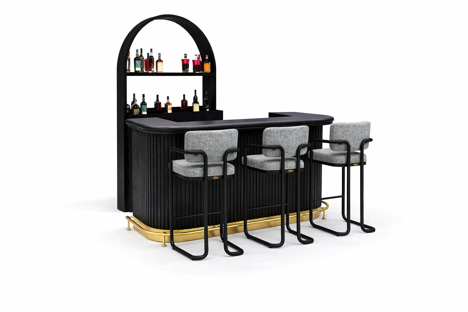 Prohibition Back Bar shown behind the Prohibition 84" Cocktail Bar with optional footrail and Prohibition Barstools in gray.
