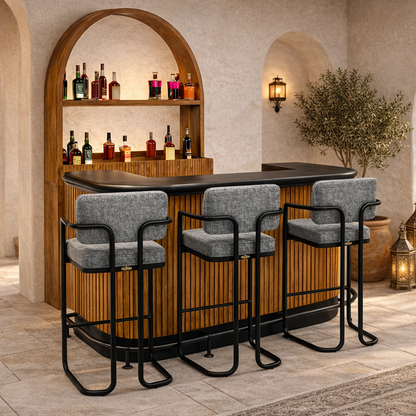 Prohibition 60"Cocktail Bar in Walnut with optional Prohibition Bar Back, Footrail, and Prohibition Barstools.