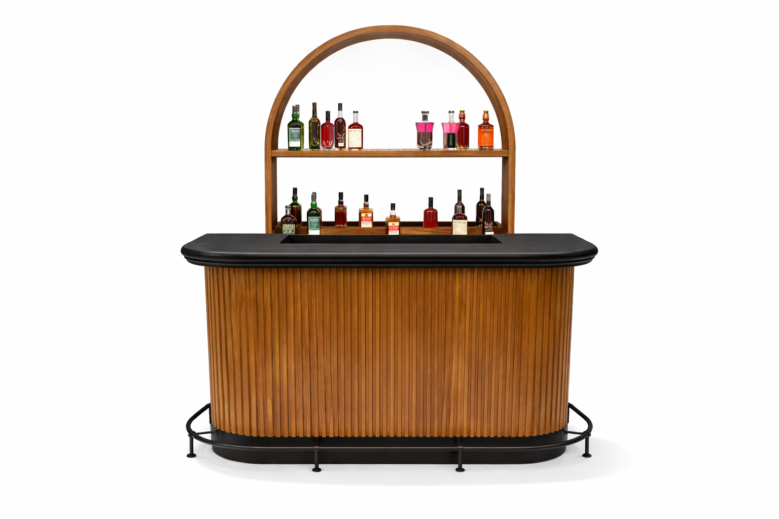 Prohibition Back Bar shown behind the Prohibition 84" Cocktail Bar with optional footrail. Let this party start!