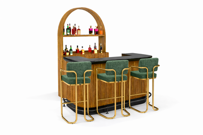Prohibition Back Bar shown behind the Prohibition 84" Cocktail Bar with optional footrail and Prohibition Barstools in green.