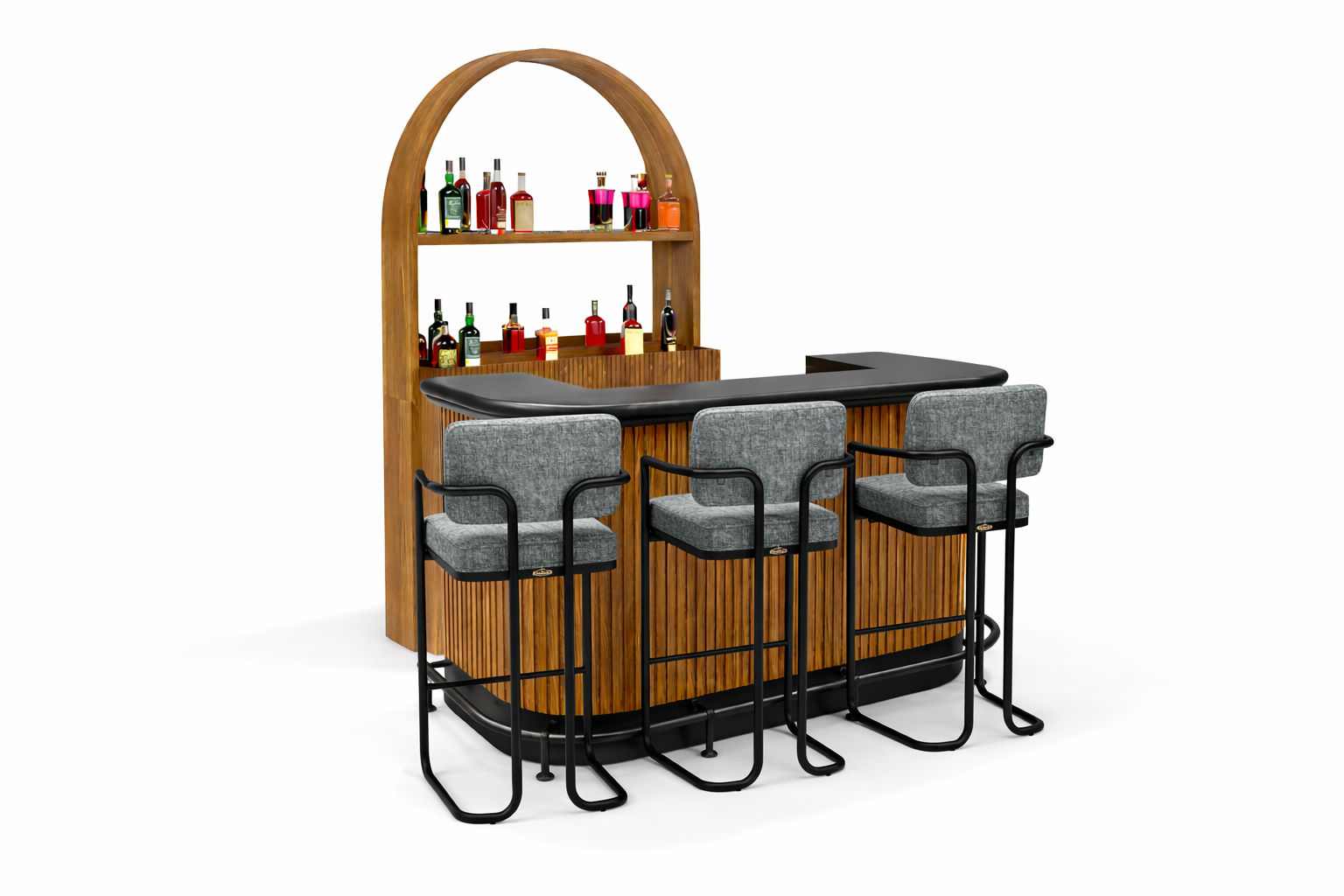 Prohibition Back Bar shown behind the Prohibition 84" Cocktail Bar with optional footrail and Prohibition Barstools in gray.