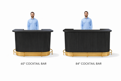 Prohibition 60" Cocktail Bar and Prohibition 84" Cocktail Bar size comparison. Both shown with optional brass footrail.