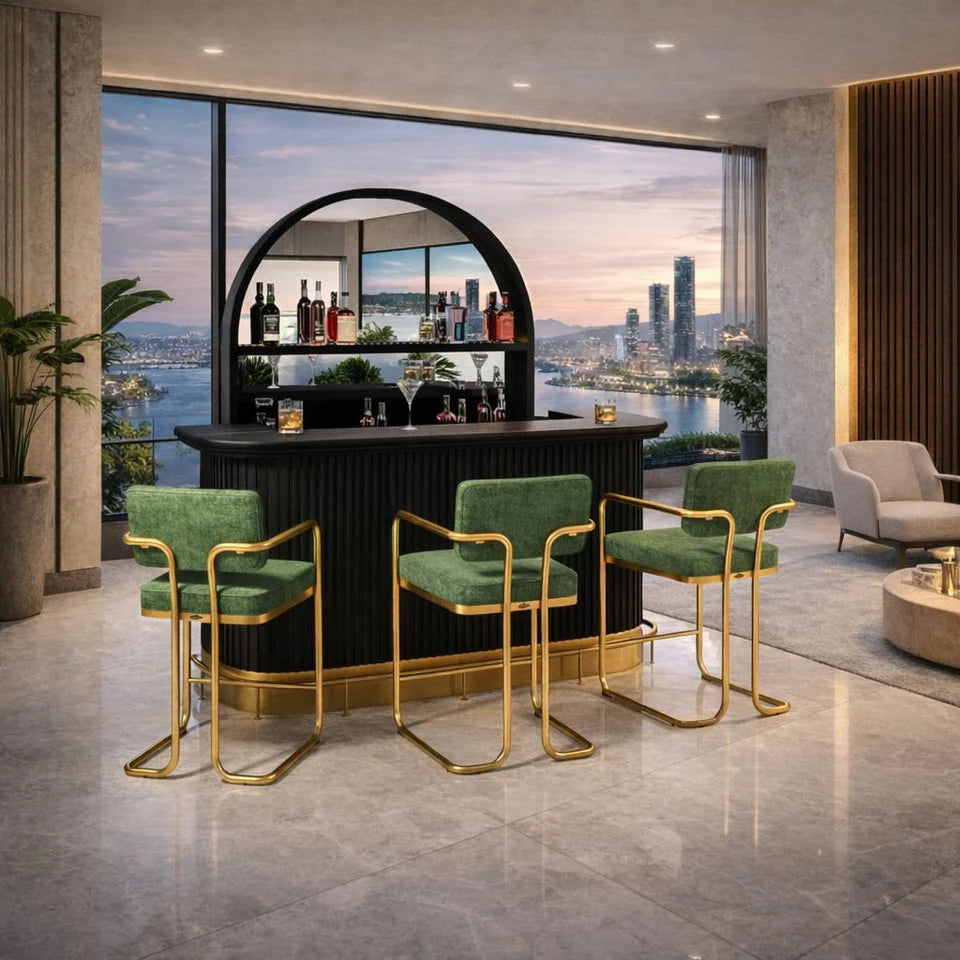 Prohibition 84" Cocktail Bar in Black with optional Prohibition Bar Back, Footrail, and Prohibition Barstools.