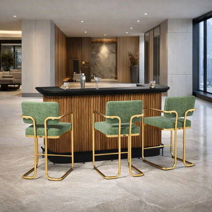 Prohibition 84" Cocktail Bar in Walnut shown with optional black footrail and optional Prohibition Barstools in green.