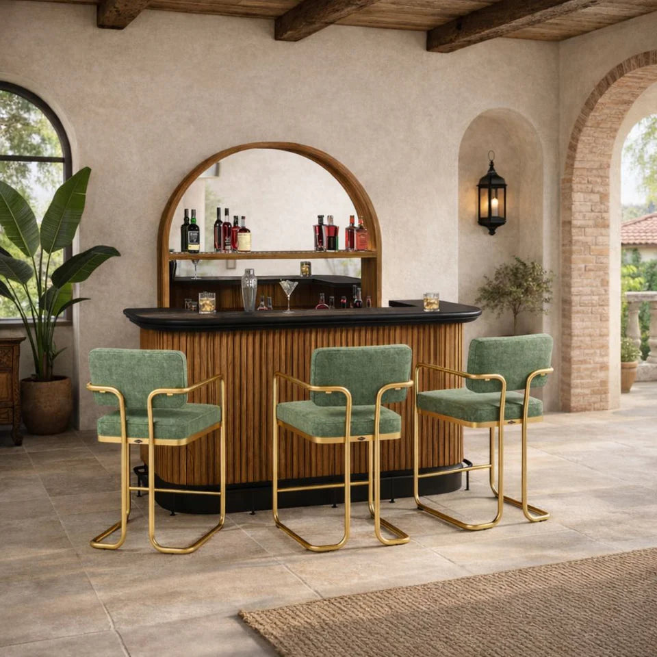 Prohibition 84"Cocktail Bar in Walnut with optional Prohibition Bar Back, Footrail, and Prohibition green Barstools.