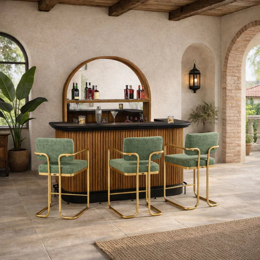 Prohibition 84"Cocktail Bar in Walnut with optional Prohibition Bar Back, Footrail, and Prohibition green Barstools.
