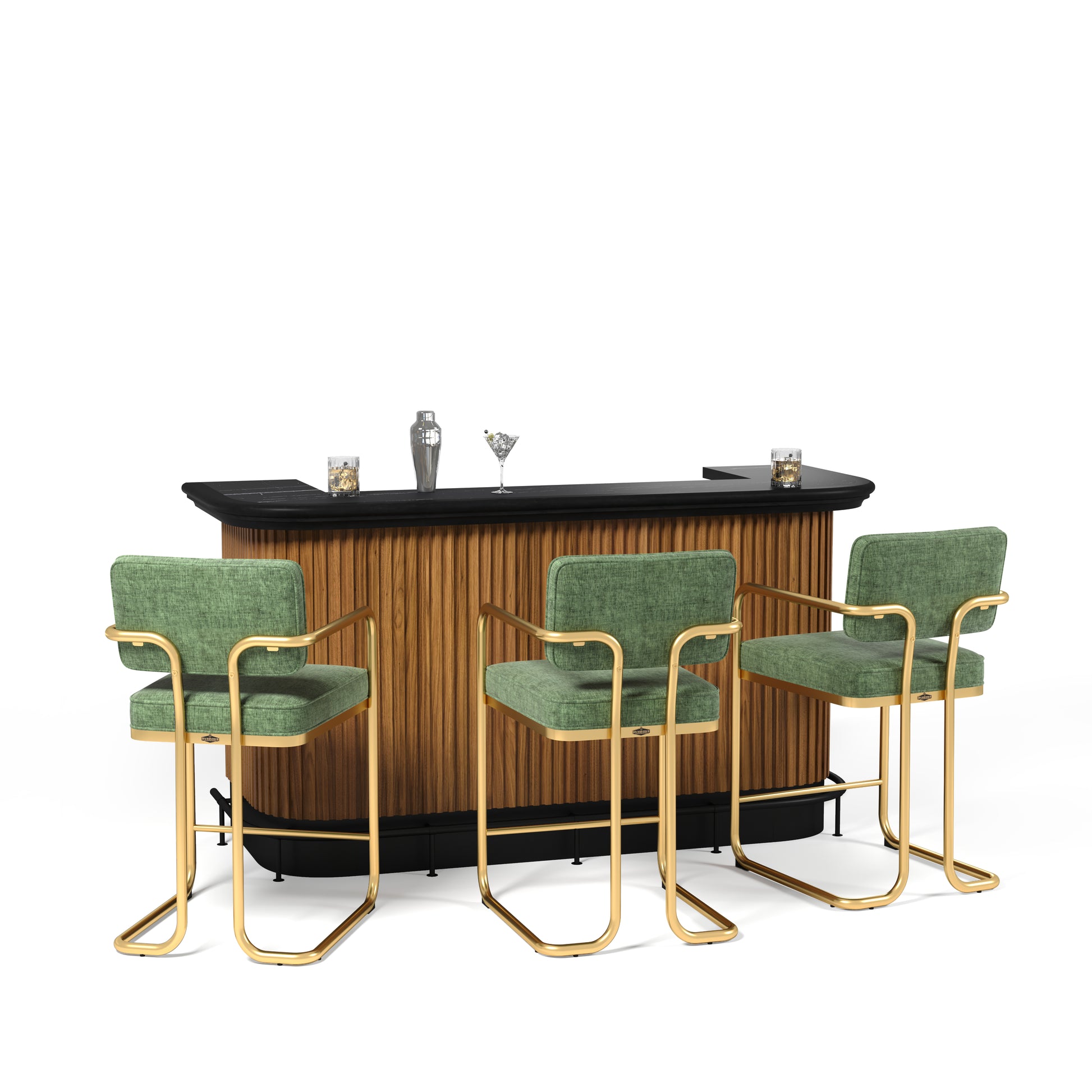 Prohibition 84"Cocktail Bar in Walnut with optional Footrail and Prohibition Barstools in green.