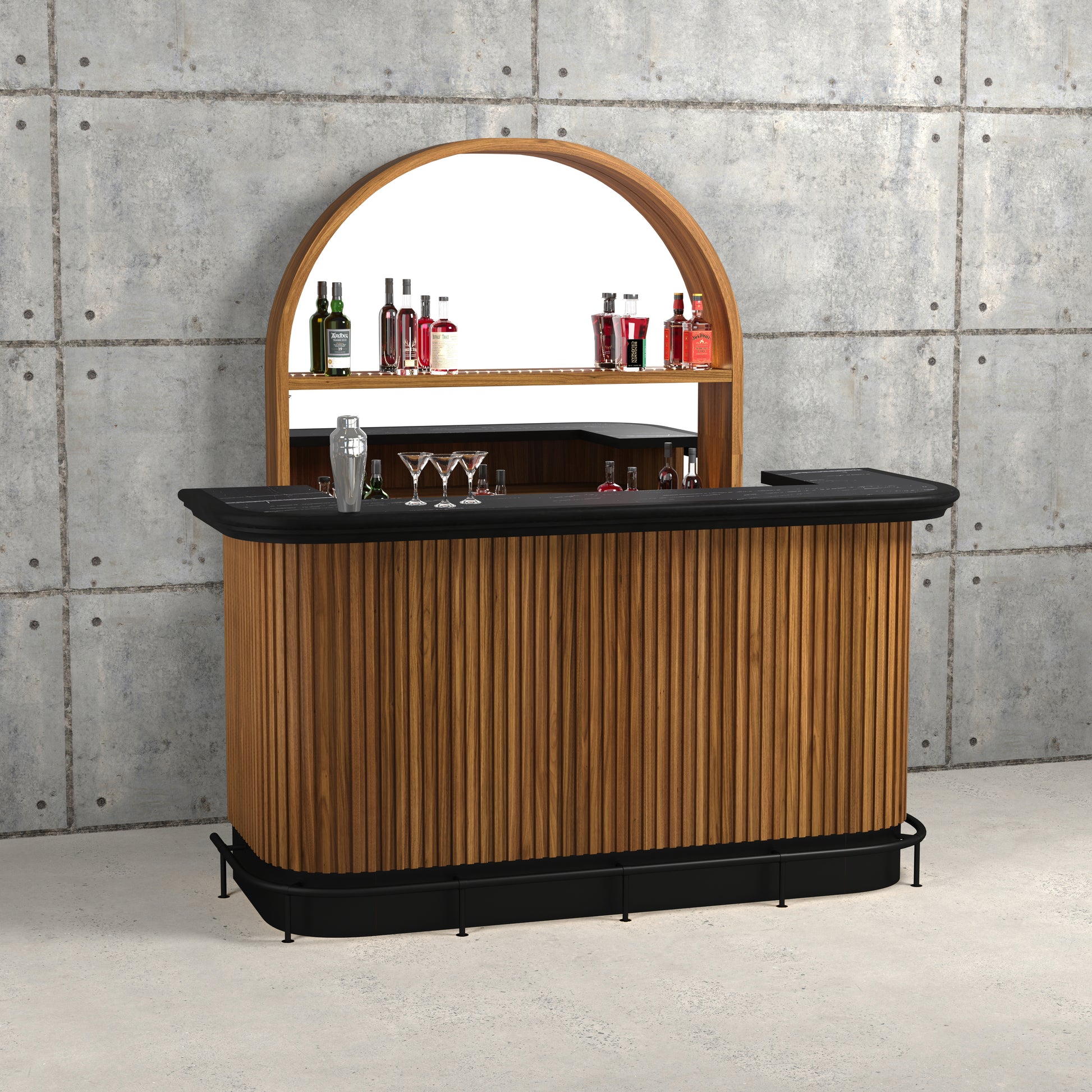 Prohibition Back Bar shown behind the Prohibition 84" Cocktail Bar with optional footrail. A fantastic bar for your pleasure!