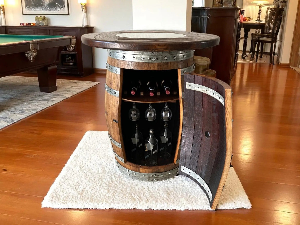 Oak Wood Wine Barrels - Whiskey & Wine Barrel Pub Set - 4 Stools, Counter Height, Cabinet Storage