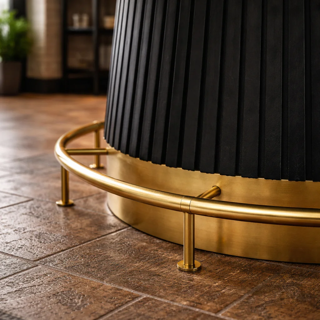 Prohibition 60" poker table in matte black finish with vintage brass kick plate. Shown with optional footrail. In Art Deco '30s style.