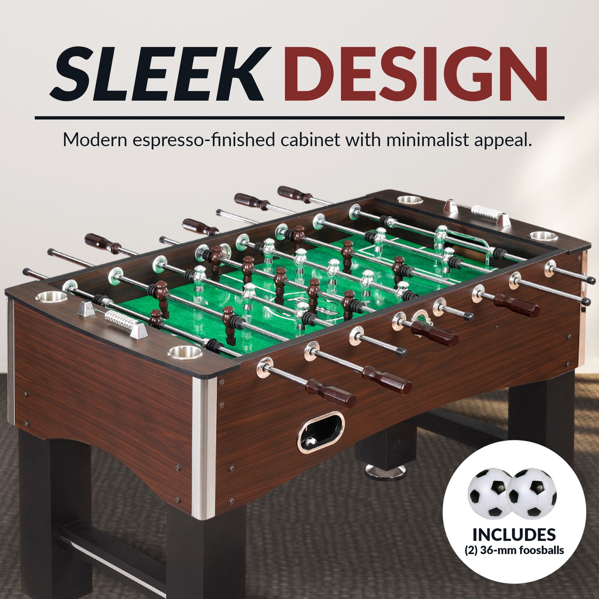 Primo foosball table with chocolate brown and silver ABS dimpled, counter-balanced players for better ball control. Includes two balls.
