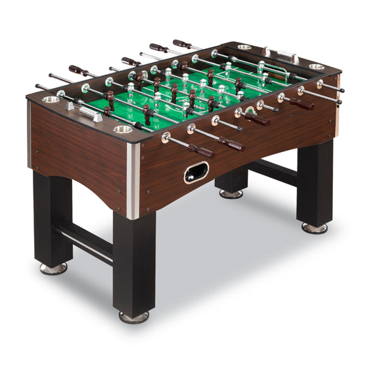 Primo 56.5" x 29" x 34" foosball table with CARB certified MDF, espresso finish, metal reinforced corners, and stainless-steel drink holders.
