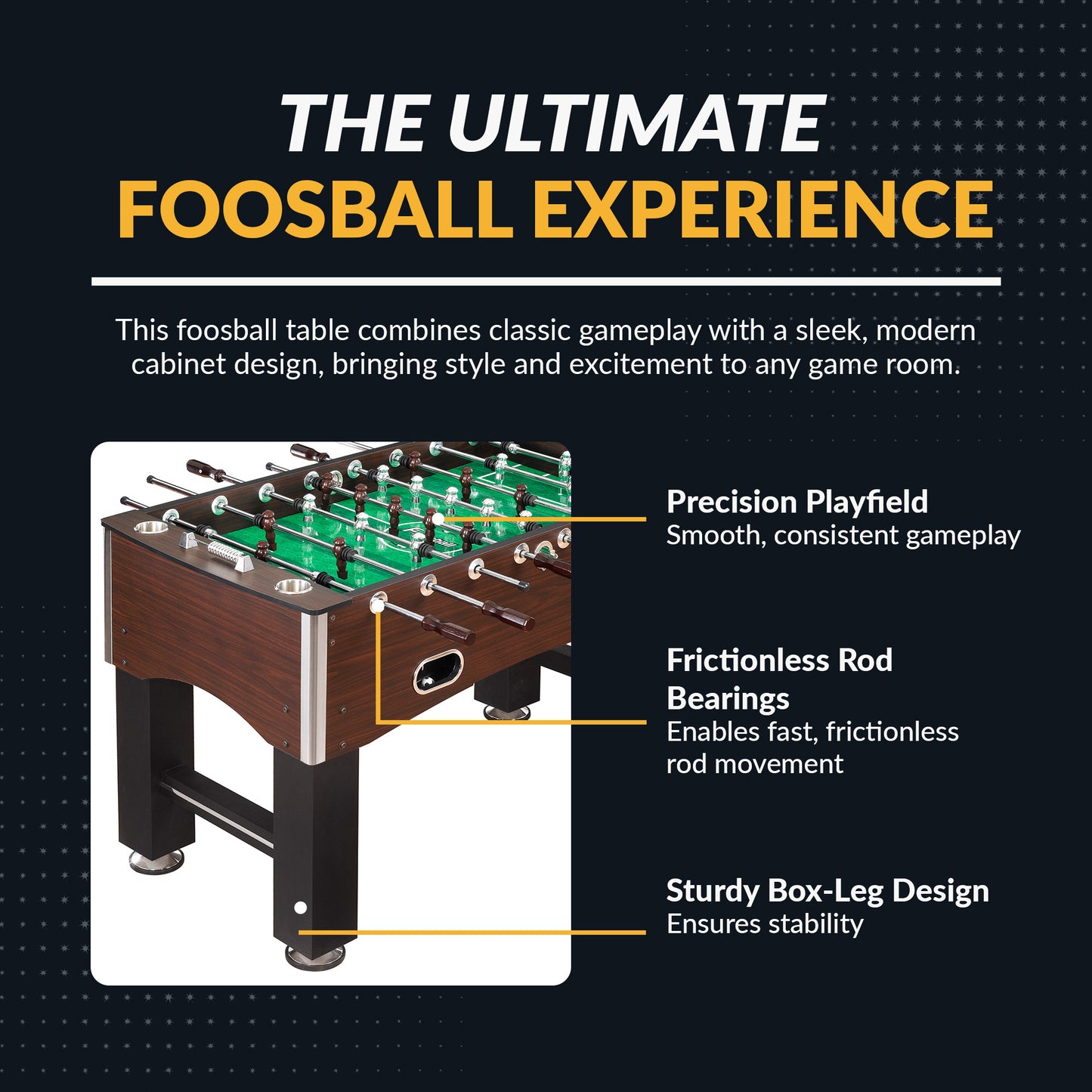 Primo 56.5" x 29" x 34" foosball table with E-Z spin bearings and ABS counterbalanced players, and box leg design with leg levelers.