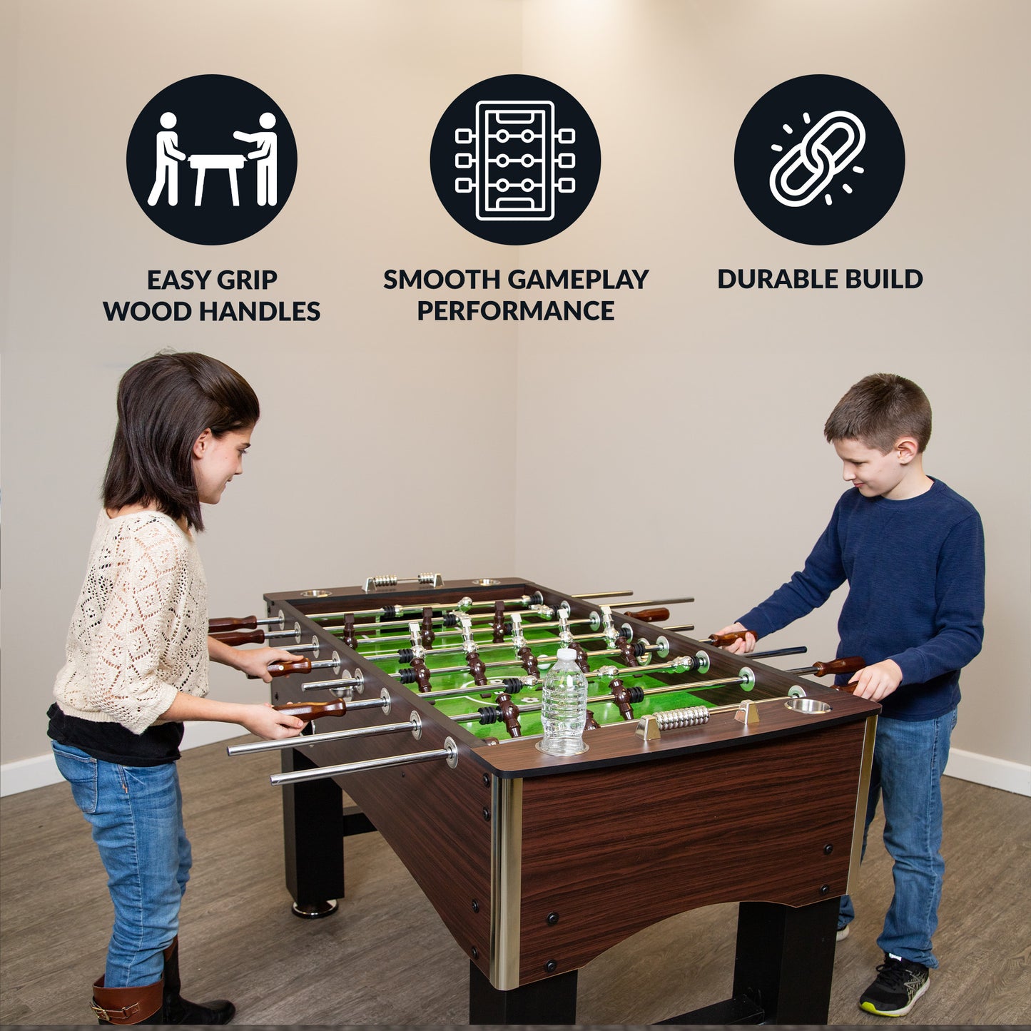 Primo foosball table with 5/8" chrome-plated steel rods with wooden easy grip handles and cross supported playfield for smooth play.