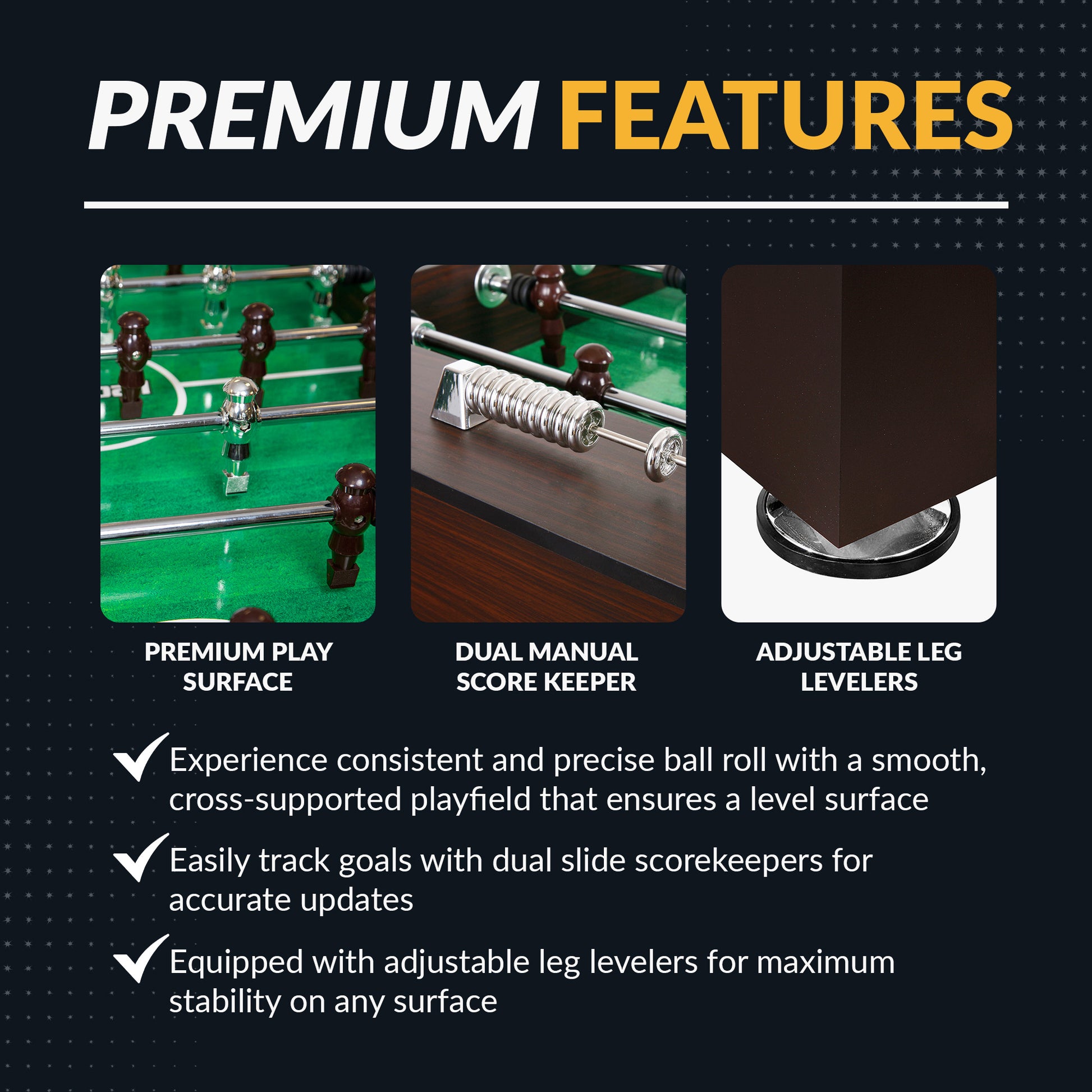 Primo foosball table dual manual slide score counters and one goalie configuration.