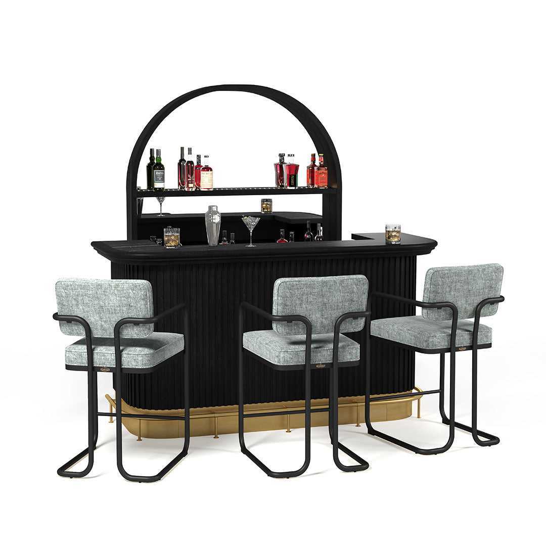 Prohibition Barstools in Gray shown before a Prohibition 84" Cocktail Bar with the optional Prohibition Back Bar behind.