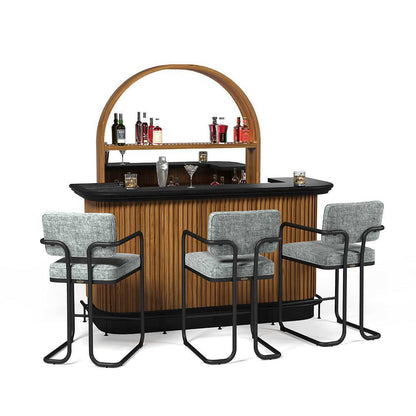 Prohibition Barstools in Gray shown before a Prohibition 84" Cocktail Bar with the optional Prohibition Back Bar behind.