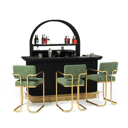 Prohibition Barstools in Green shown before a Prohibition 84" Cocktail Bar with the optional Prohibition Back Bar behind.