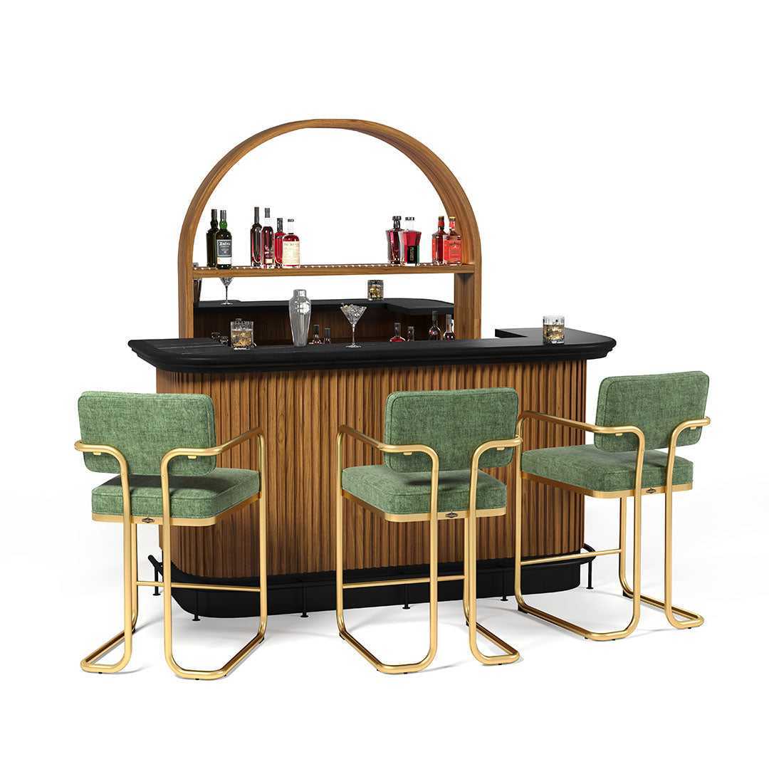 Prohibition Barstools in Green shown before a Prohibition 84" Cocktail Bar with the optional Prohibition Back Bar behind.