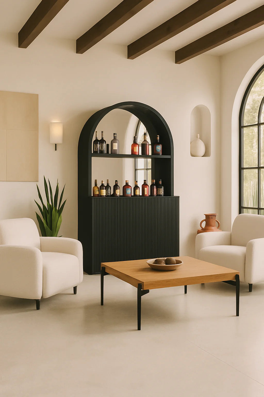 Prohibition Back Bar, shown in Black with a mirrored back. Beautiful 1930s Art Deco style - the cat's pajamas!