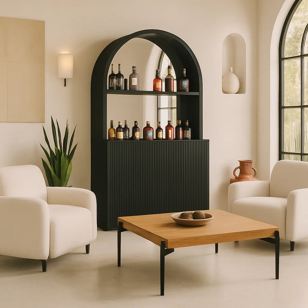 Prohibition Back Bar, shown in Black with a mirrored back. Beautiful 1930s Art Deco style - the cat's pajamas! 1-Year Limited Warranty
