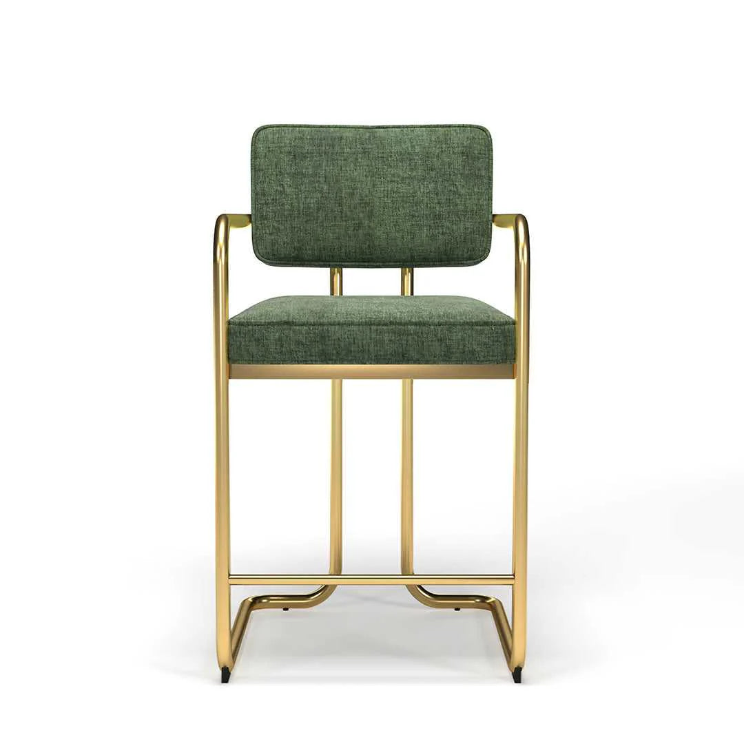 Prohibition Barstool in Gray with black frame or Green with a brass frame is sturdy, wide, deep and comfy!