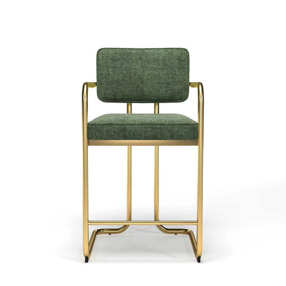 Prohibition Barstool in Gray with black frame or Green with a brass frame is sturdy, wide, deep and comfy!
