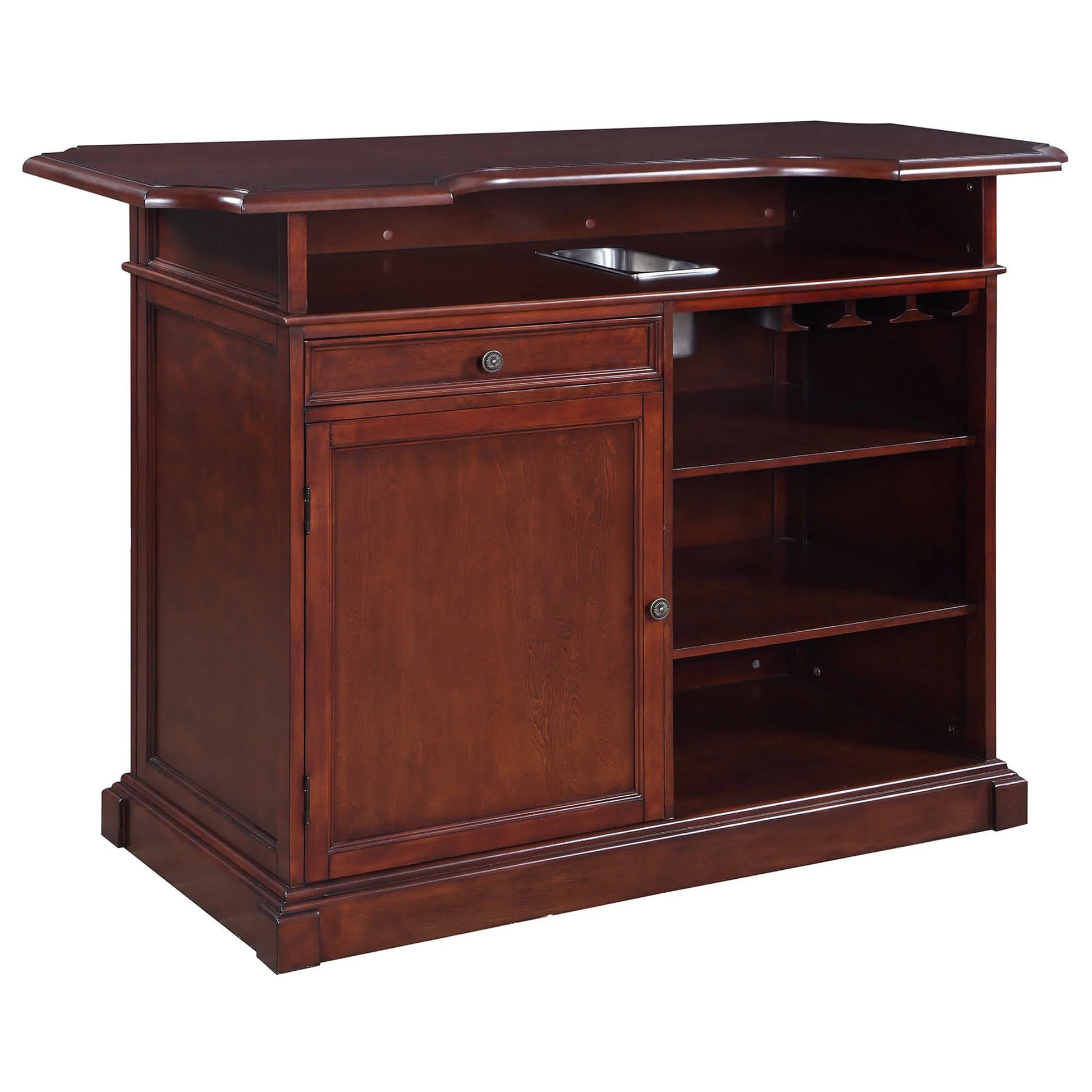 Ridgeline Home Bar features a removable 14.25" x 6" x 5.75" stainless-steel ice storage bin for easy bartending.