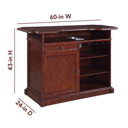 Ridgeline Home Bar is 60" wide, 24" deep, 43" high with an oversized drink mixing and cutting surface