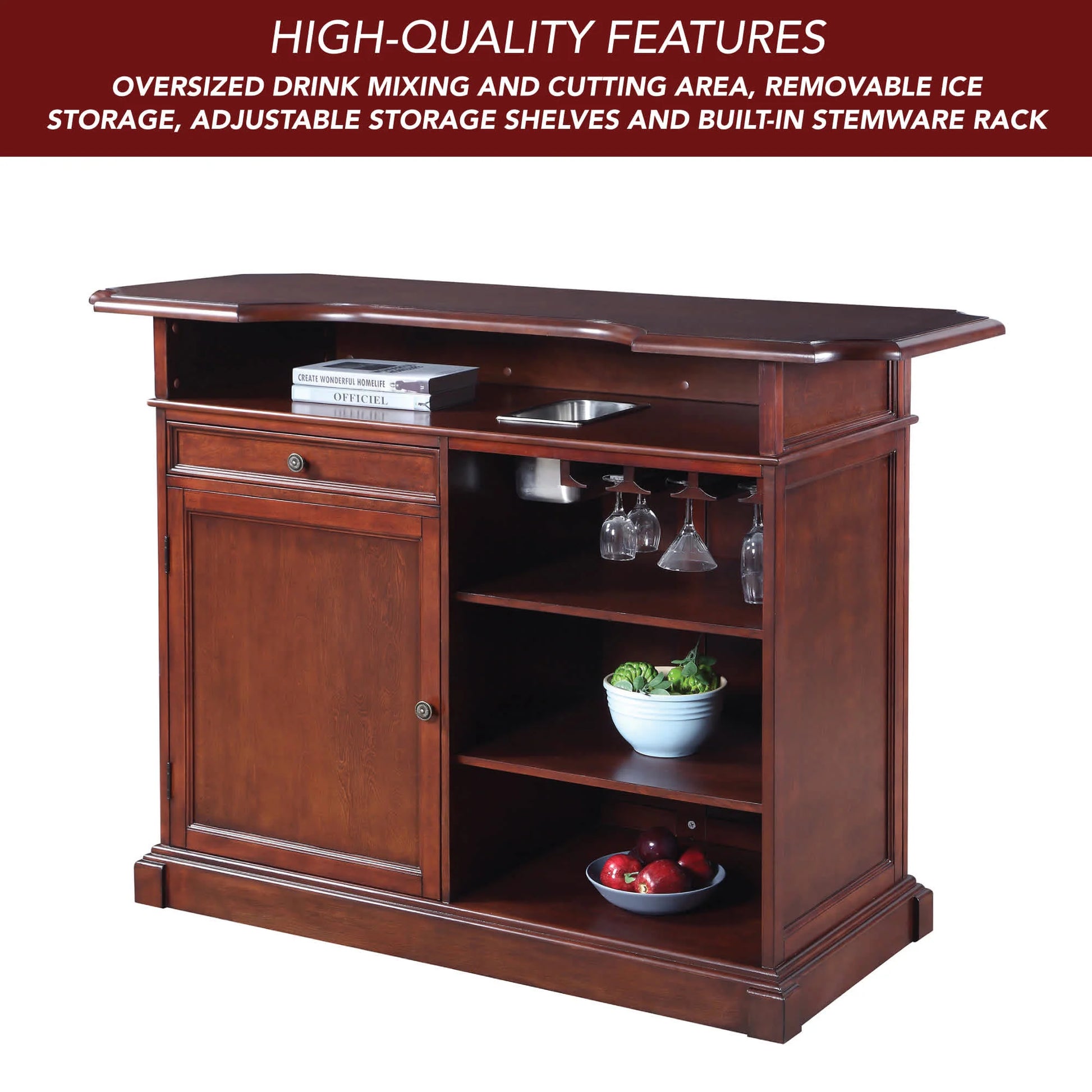 Ridgeline Home Bar has a built-in stemware rack and adjustable shelves for your custom setup.