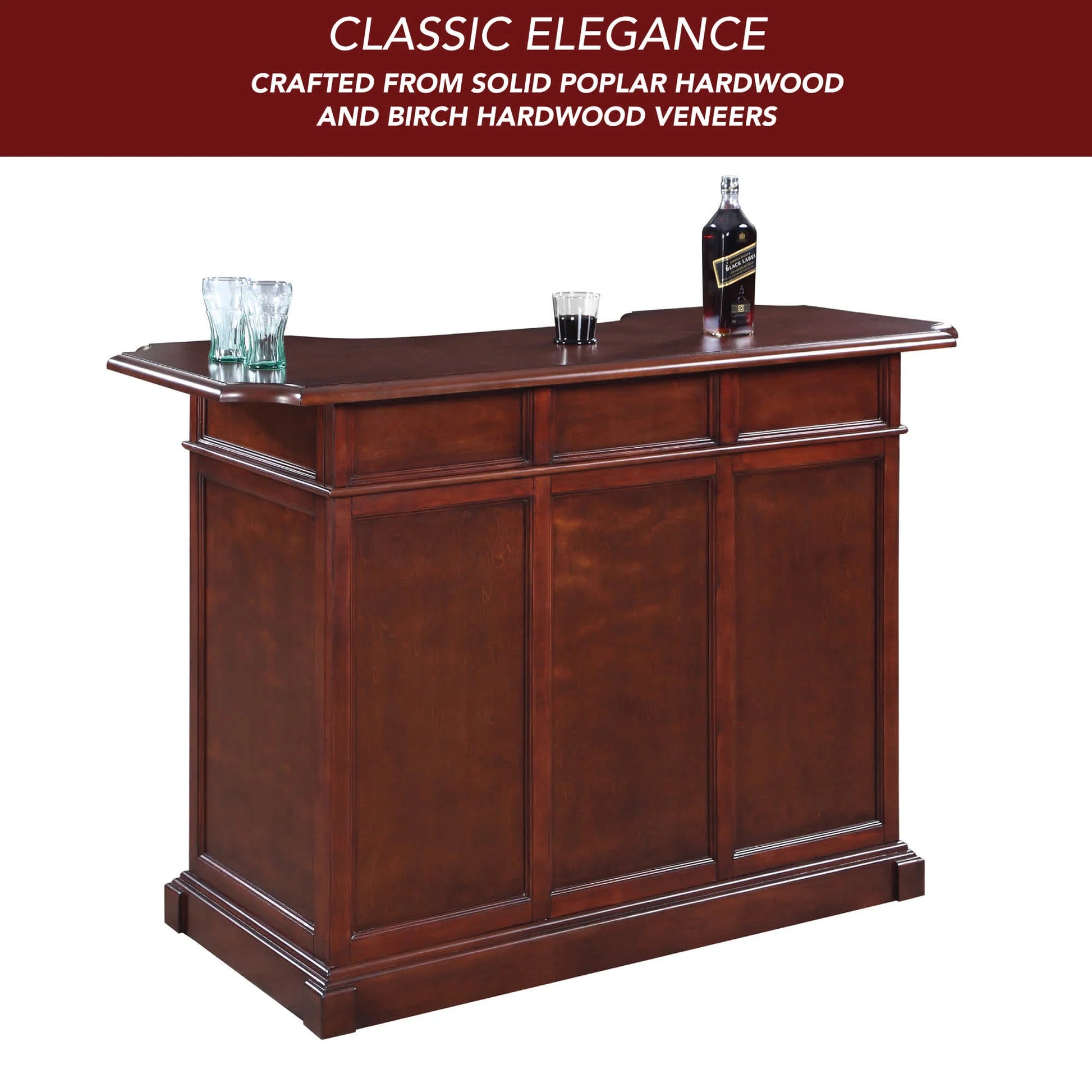 Ridgeline 60" Home Bar features a multi-step furniture-grade mahogany finish for a classically elegant look.