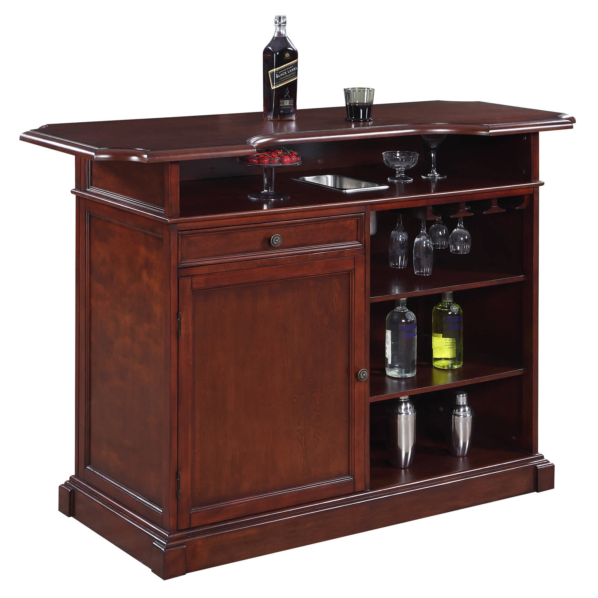 Ridgeline Home Bar has a drawer for utensil storage and a cabinet door with room for more bar supplies. 180-day limited warranty.