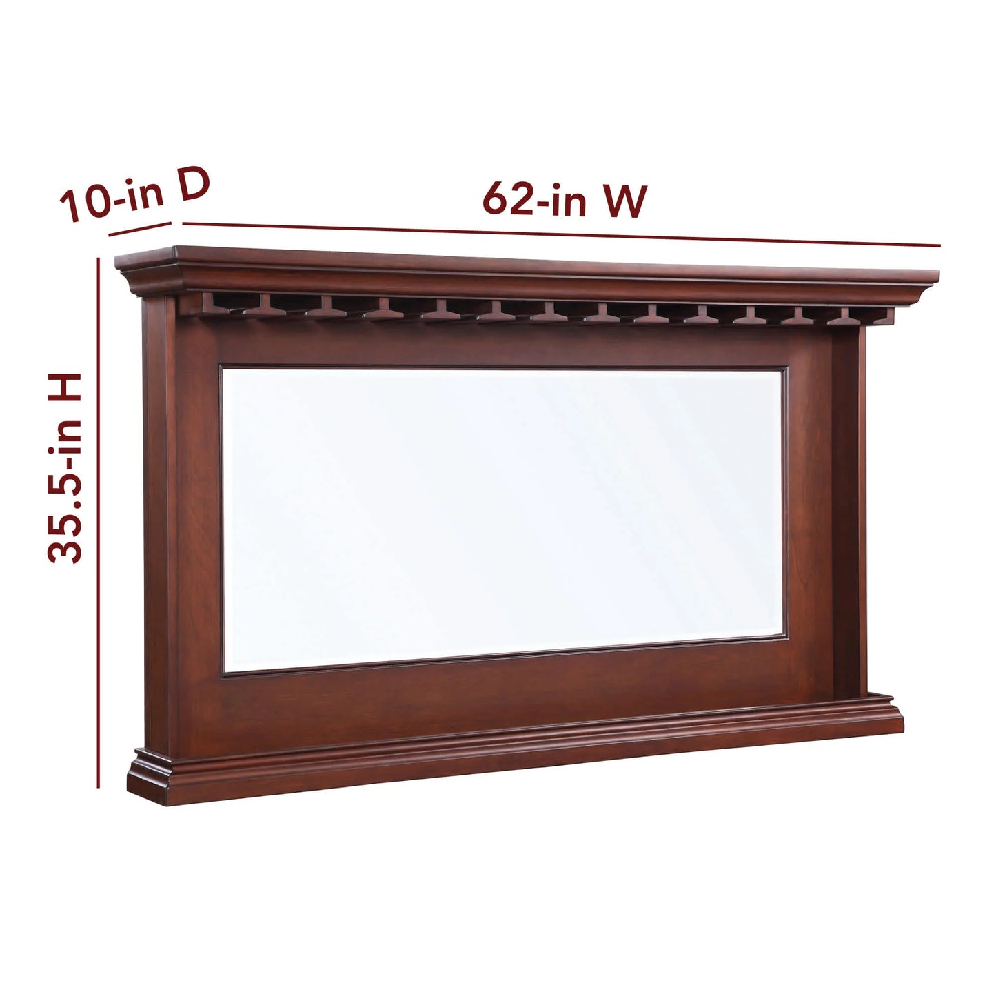 Seville Back Bar Mirror is 62" wide, 10" deep, 35.5" high with a 1" beveled-edge mirror. 180-day limited warranty.
