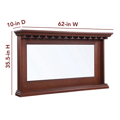Seville Back Bar Mirror is 62" wide, 10" deep, 35.5" high with a 1" beveled-edge mirror. 180-day limited warranty.