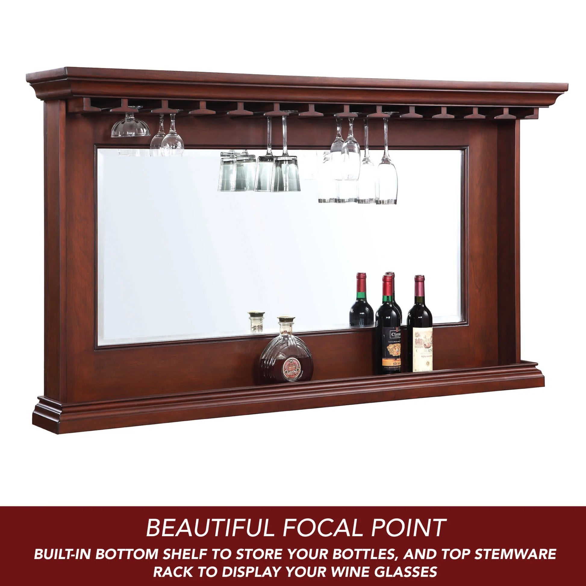 Seville Back Bar Mirror has a built-in stemware rack for 14 glasses, plus a bottom shelf to display bottles.