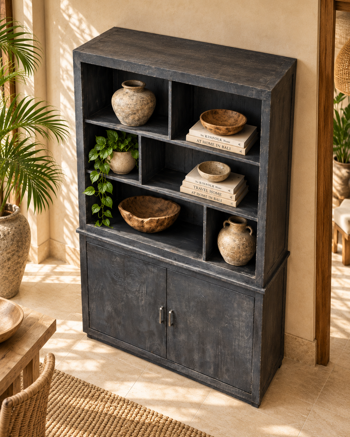The Broward Design Center Black Indian Wood Hutch with Open Shelving - 48 x 18 x 79 in