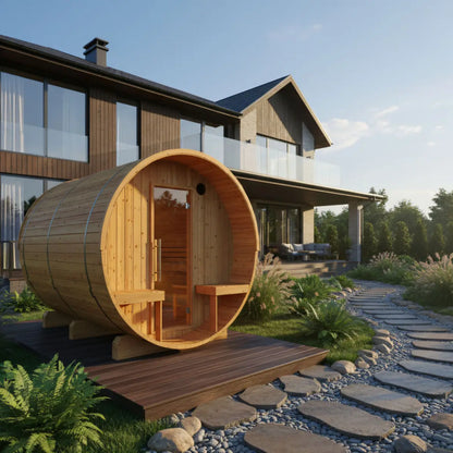 Finnish Sauna Builders Turku Finnish Barrel Sauna with Terrace and WiFi Heater - Finnish Sauna Builders